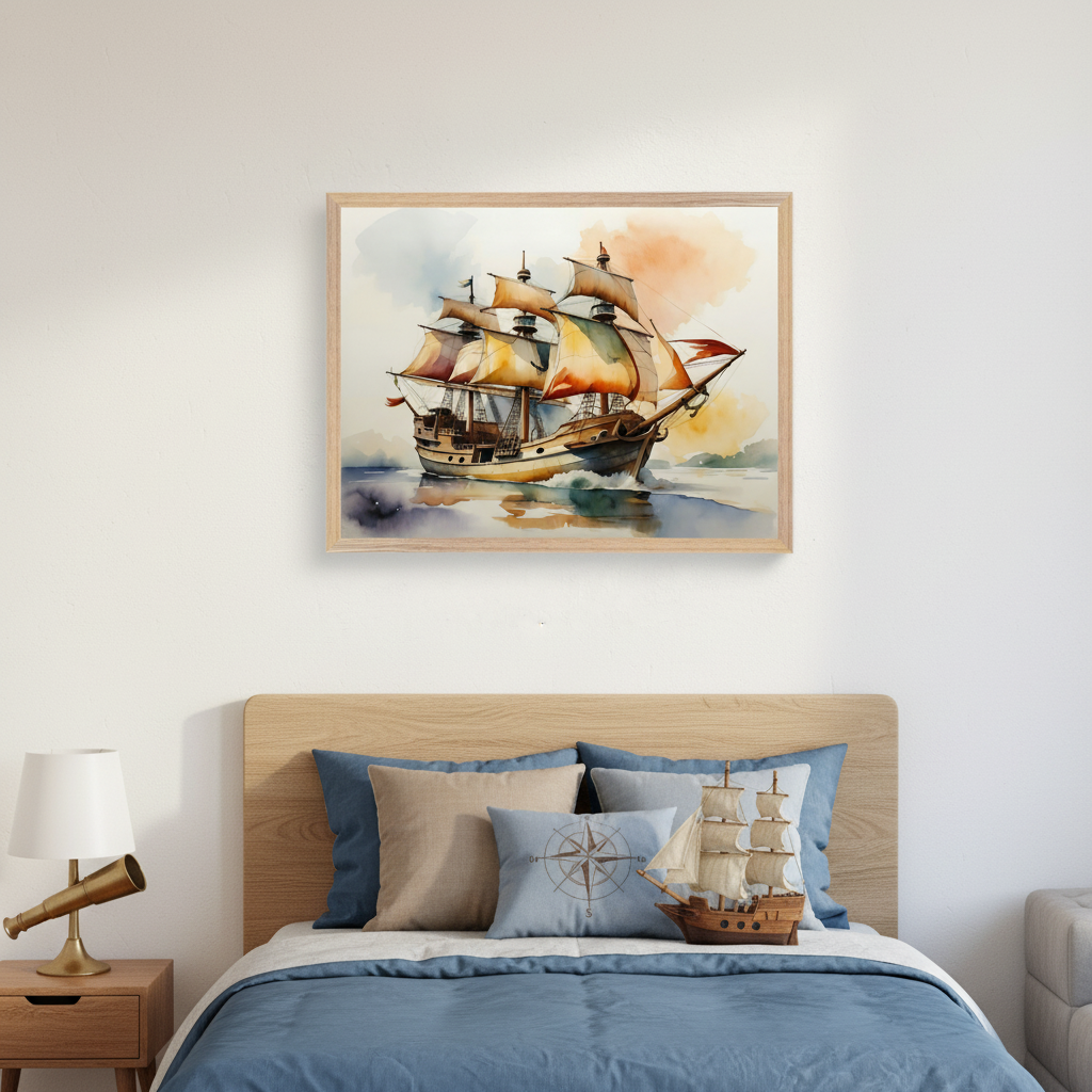 Nautical-themed bedroom with a wooden headboard and blue bed. A framed watercolor painting of a sailing ship with colorful sails on water hangs centered above the bed. A wooden nightstand with a gold telescope lamp is on the left, and a model ship and compass pillow are on the bed.