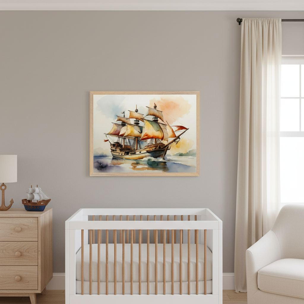 Nautical nursery with a white crib and wooden dresser. A framed watercolor painting of a tall ship with colorful sails on water, under a vibrant sky, hangs above the crib. A white armchair is to the right.