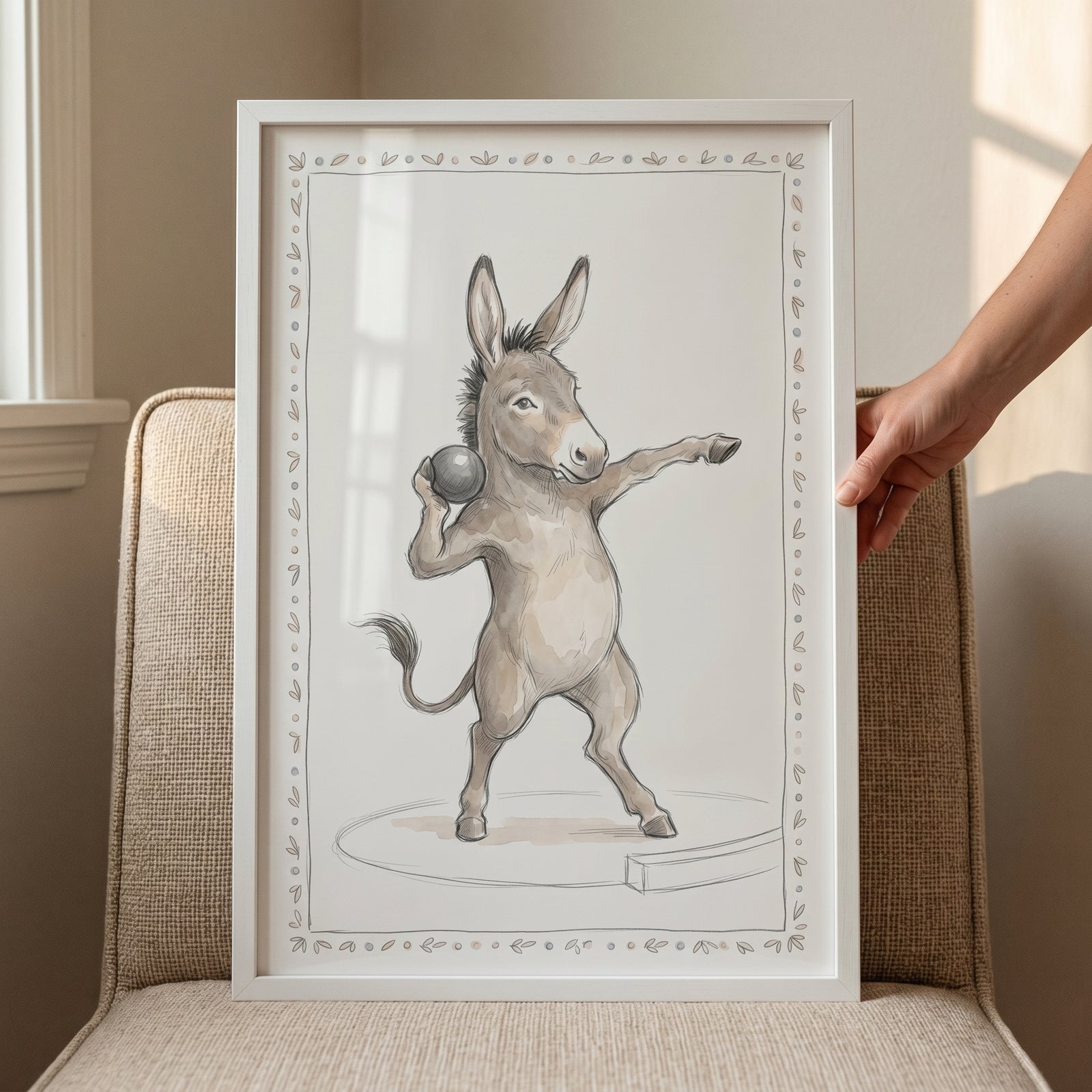 Shot put athlete donkey wall art in a white frame depicts a donkey holding a shot put on a circular throwing platform.