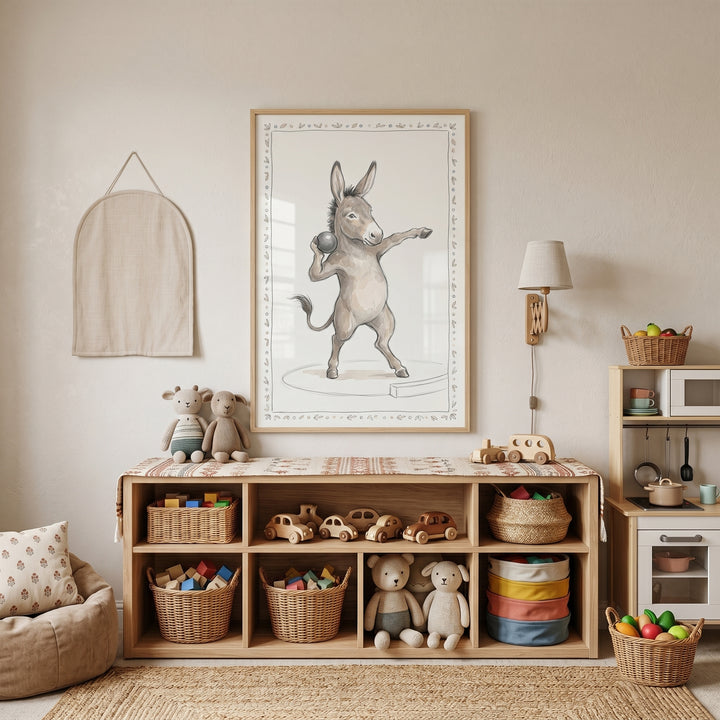 Shot put athlete donkey wall art above wooden toy shelves in a neutral playroom with stuffed animals and a play kitchen.