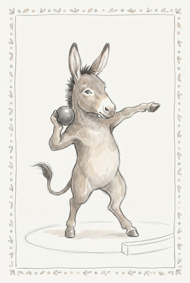 Watercolor shot put athlete donkey wall art of a donkey on its hind legs, poised to throw a heavy shot put ball.