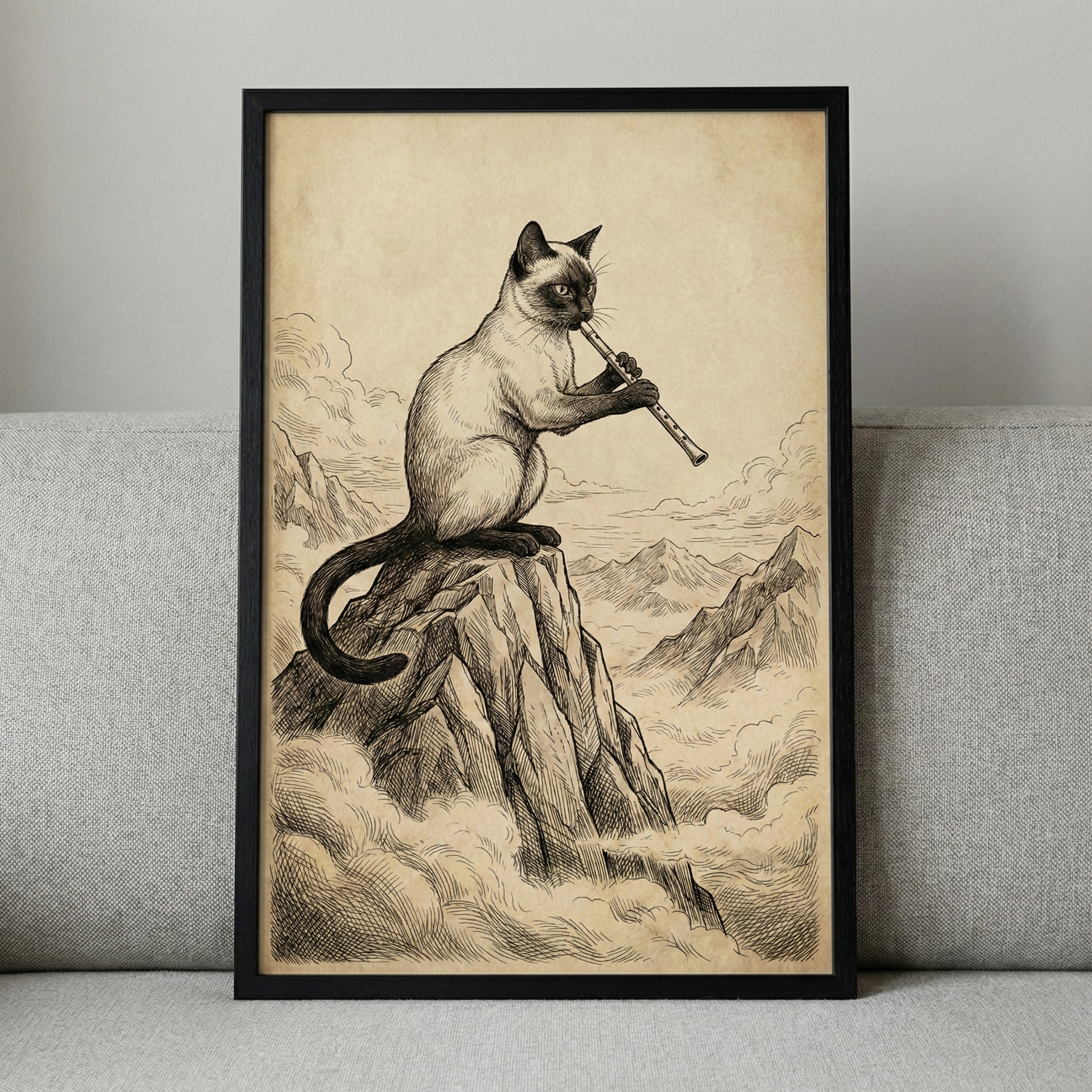A framed vintage-style illustration of a cat perched on a jagged mountain peak. The cat, with dark markings on its face and paws, is shown playing a long, slender flute. The scene is set high above swirling clouds with distant peaks in the background. The art uses detailed black ink lines on a tan, aged-paper background, resembling an old etching. The piece is held in a thin black frame and set against a neutral wall and fabric surface.