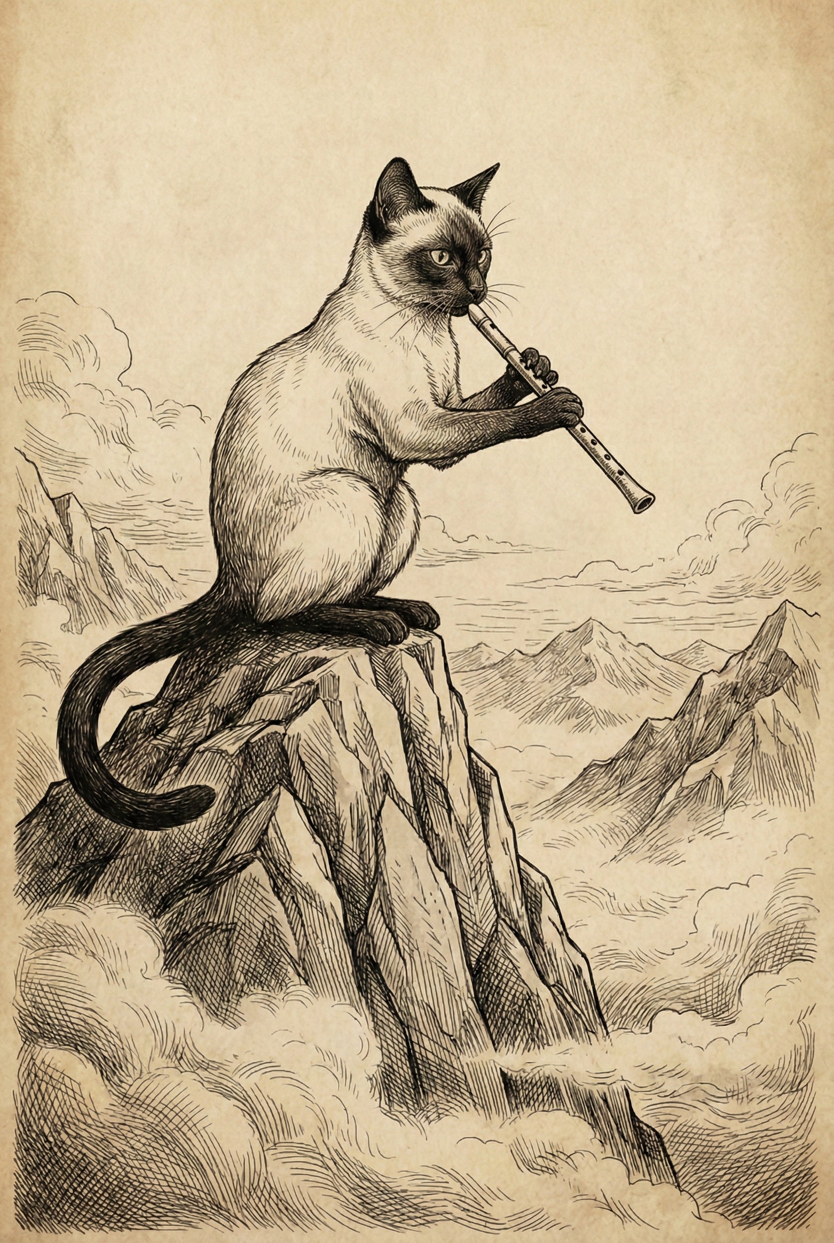 Whimsical drawing of a Siamese cat seated on a rocky mountain peak surrounded by clouds, playing a flute while gazing over a vast mountain range.