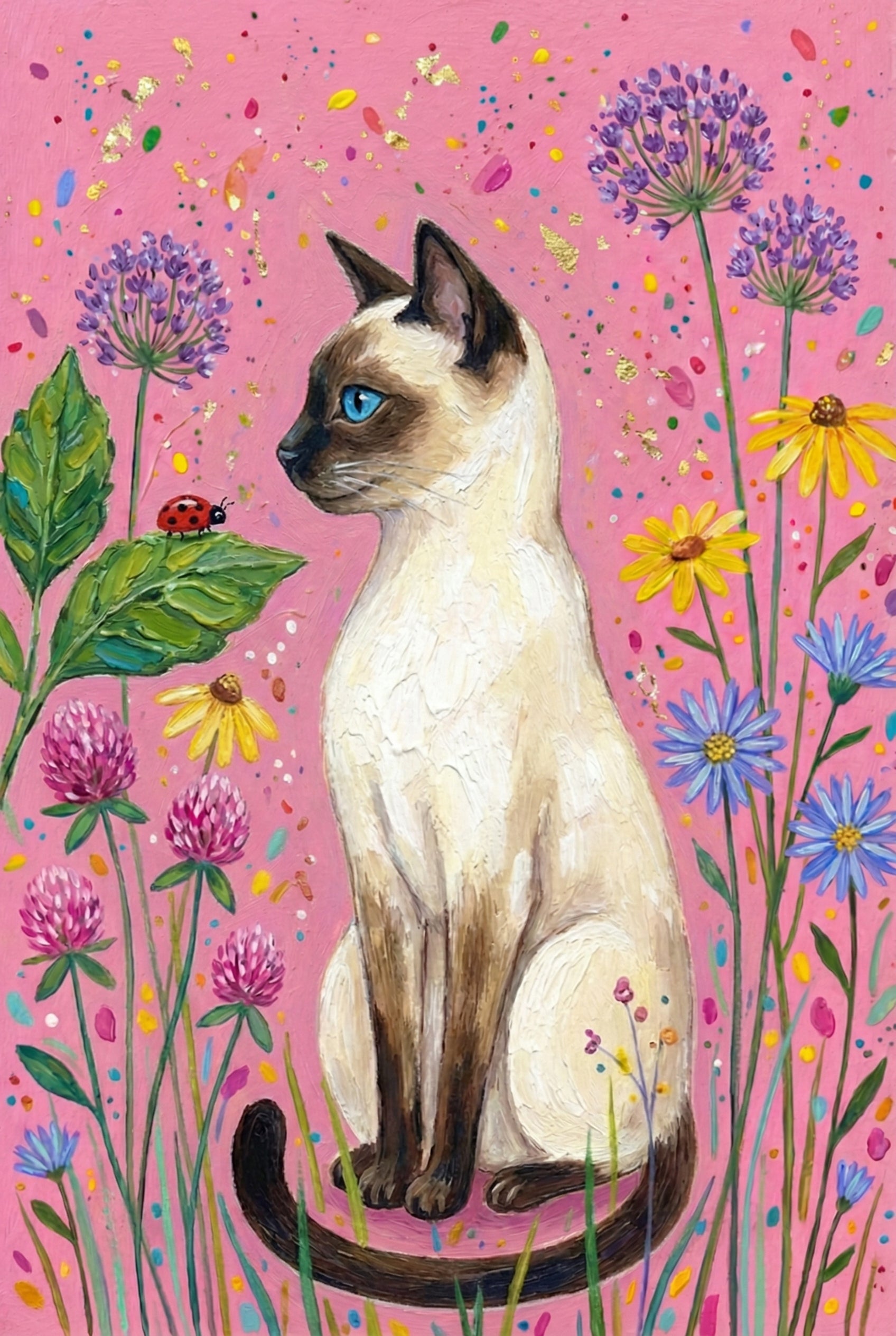 Siamese Cat Vibrant Floral Wall Art - Floral Feline Gaze