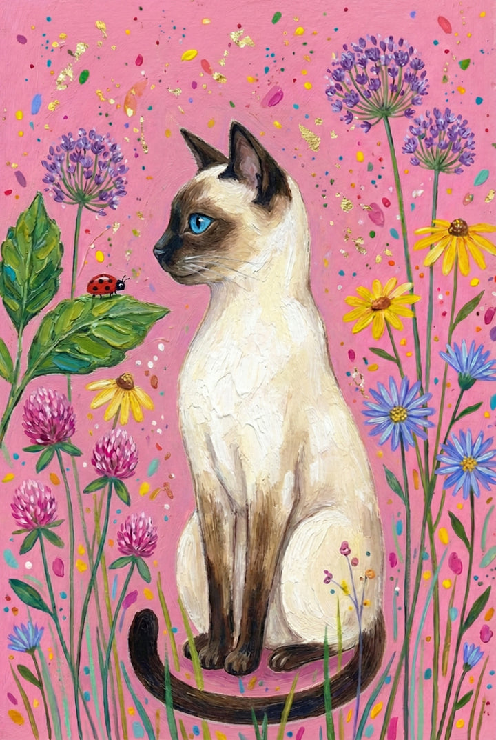 A sleek Siamese cat with blue eyes sits alert among wildflowers, staring at a red ladybug perched on a green leaf. The pink background sparkles with gold and colorful specks.