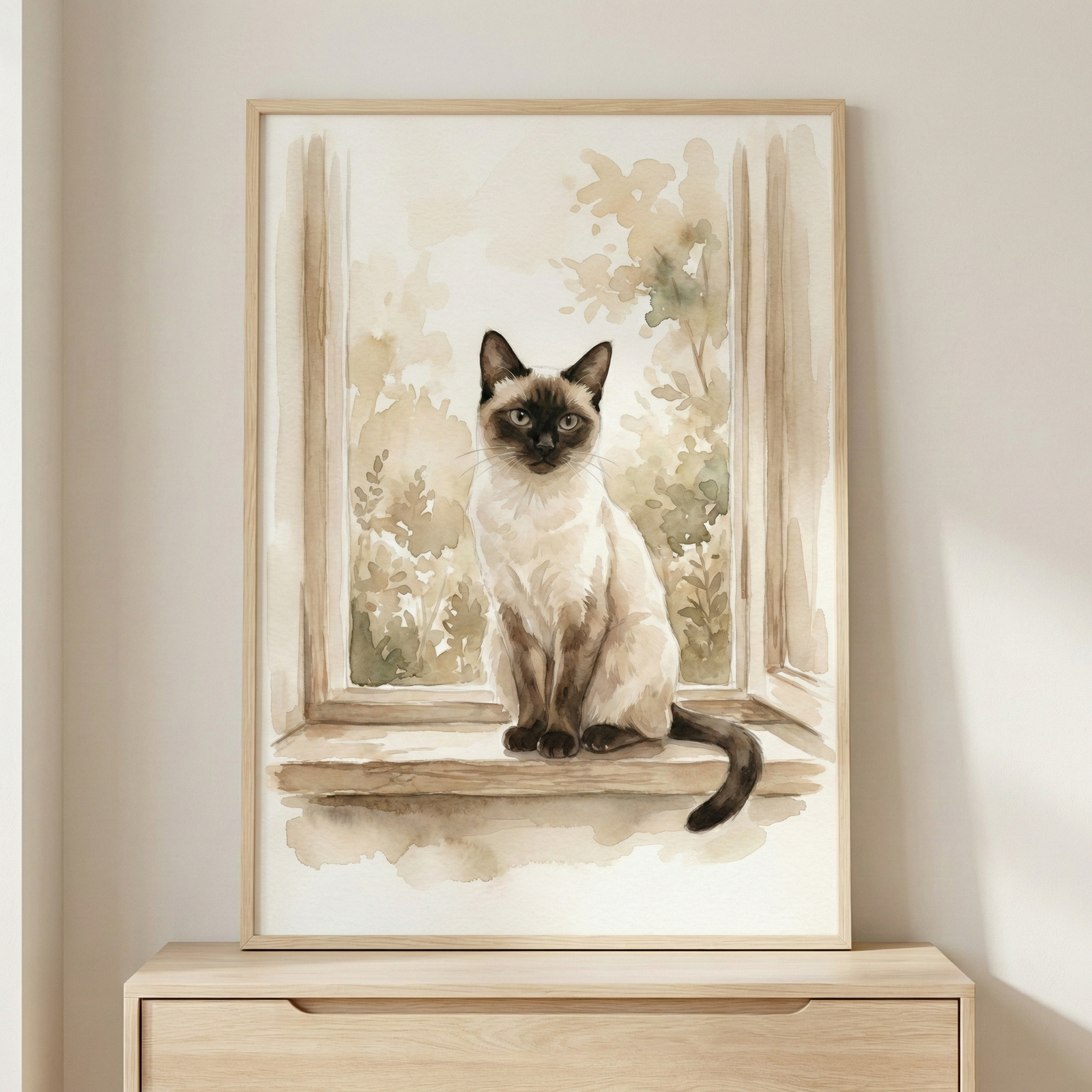 A framed watercolor illustration depicts a cream-colored cat with dark brown markings on its face, ears, paws, and tail. The cat sits elegantly on a wooden windowsill, looking directly ahead. Behind the cat, a soft-focus background shows golden and olive-green foliage through a window, creating a warm, sunlit atmosphere. The artwork is presented in a slim, light-toned wooden frame resting on a minimalist wooden dresser against a plain, neutral-colored wall. 