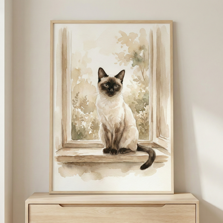 A framed watercolor illustration depicts a cream-colored cat with dark brown markings on its face, ears, paws, and tail. The cat sits elegantly on a wooden windowsill, looking directly ahead. Behind the cat, a soft-focus background shows golden and olive-green foliage through a window, creating a warm, sunlit atmosphere. The artwork is presented in a slim, light-toned wooden frame resting on a minimalist wooden dresser against a plain, neutral-colored wall. 