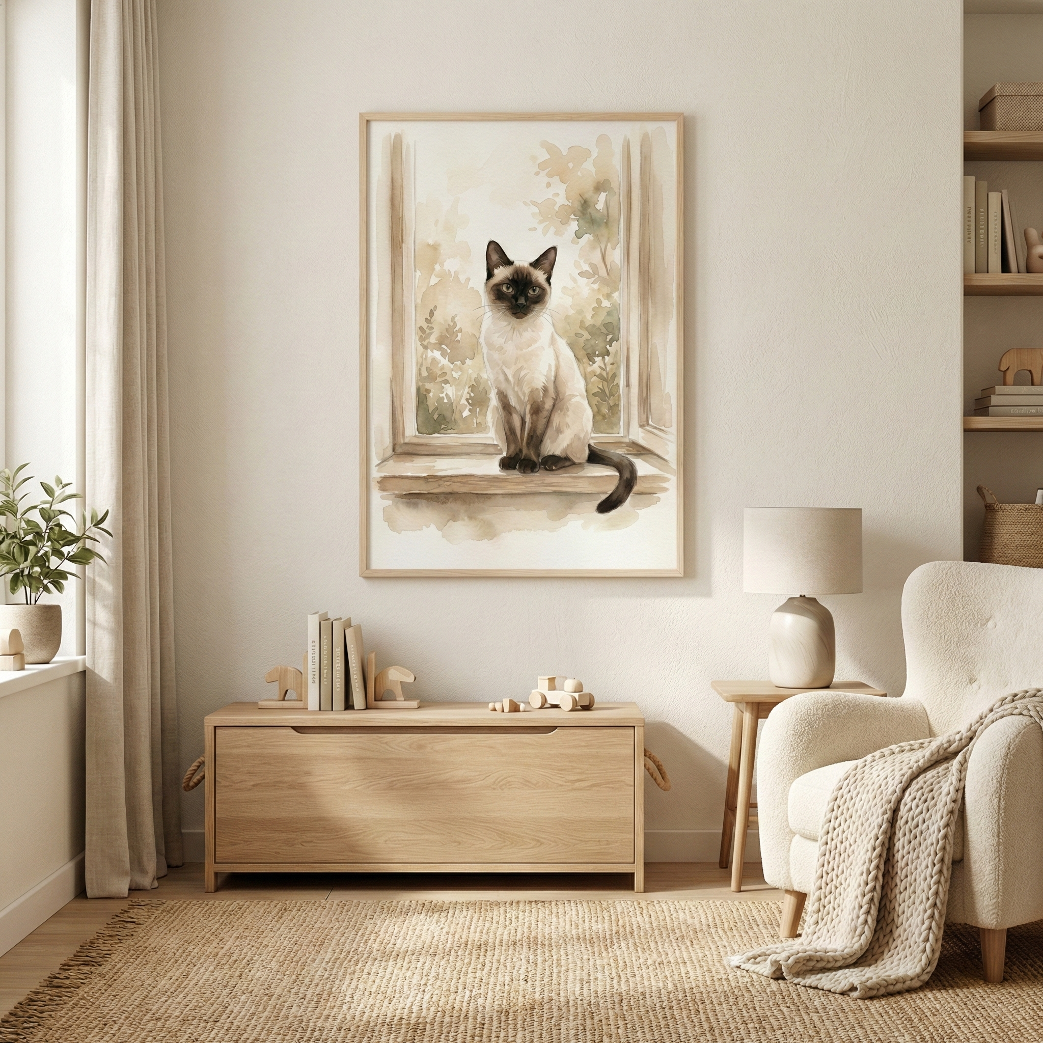 A cozy, minimalist room decorated in a warm, neutral color palette. A large, framed watercolor-style artwork of a Siamese cat sitting on a windowsill is centered on the wall. Below the frame is a light-wood storage trunk with books and small wooden toys. To the right, a soft white armchair has a chunky knit throw blanket draped over it, positioned next to a side table with a modern lamp. A natural fiber rug covers the floor, and cream curtains frame a window with a potted plant.