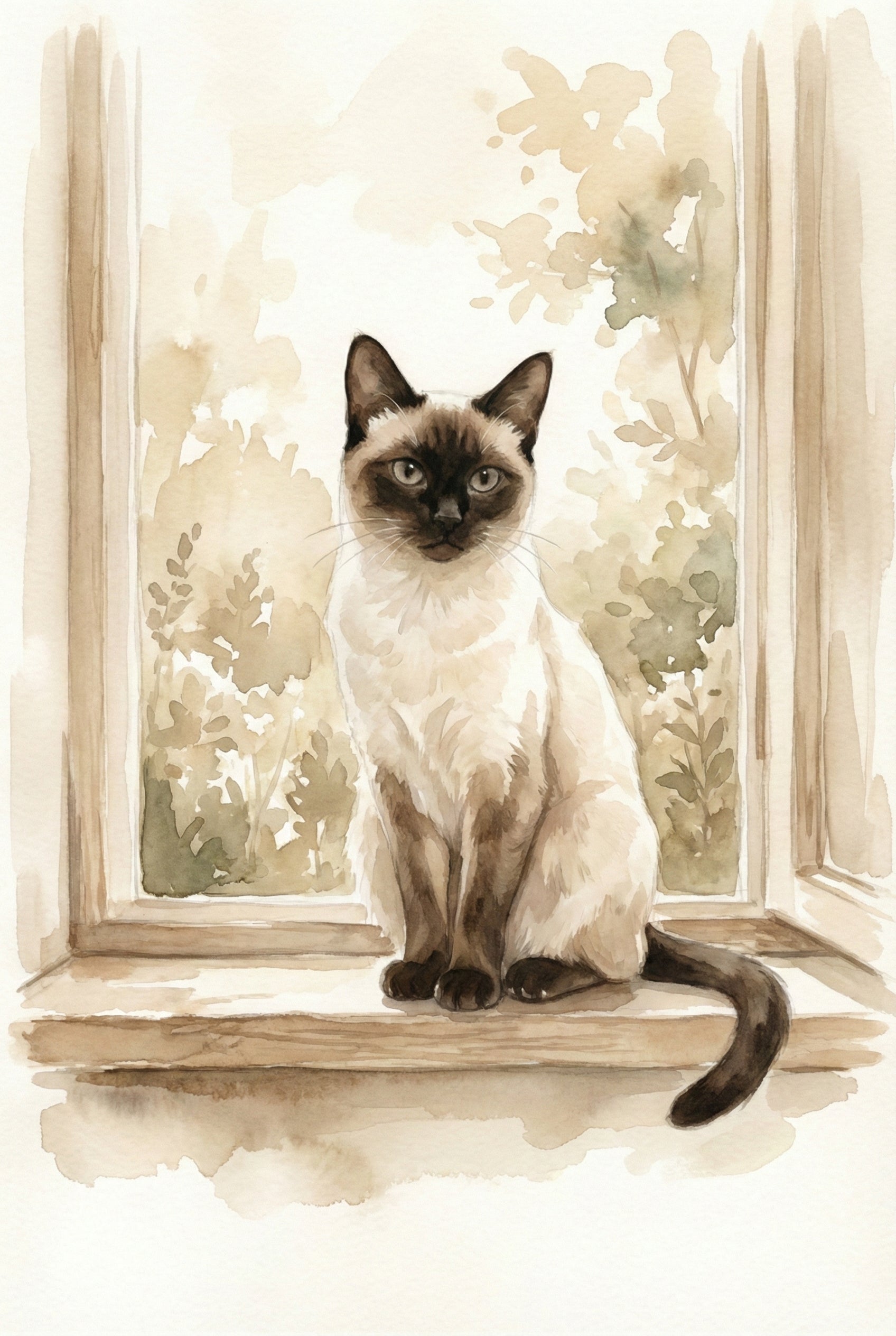 Soft watercolor portrait of a Siamese cat sitting on a windowsill with leafy foliage visible outside, painted in warm neutral tones.

