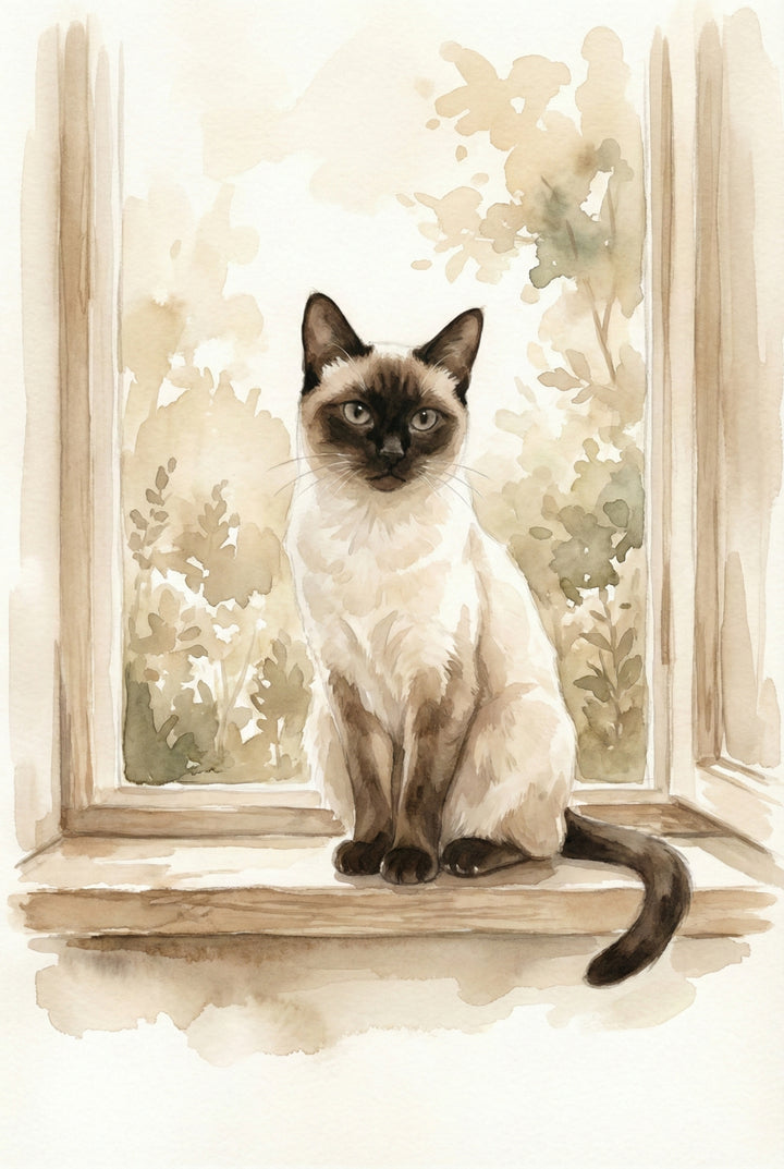 Soft watercolor portrait of a Siamese cat sitting on a windowsill with leafy foliage visible outside, painted in warm neutral tones.


