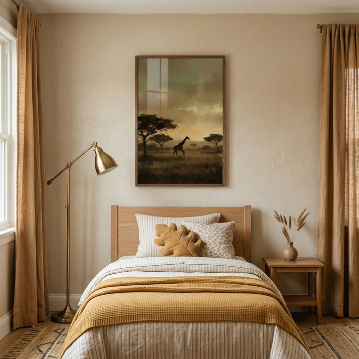 Mustard curtains and brass lamp beside silhouette sunset savanna giraffe wall art above a cozy wooden bed.