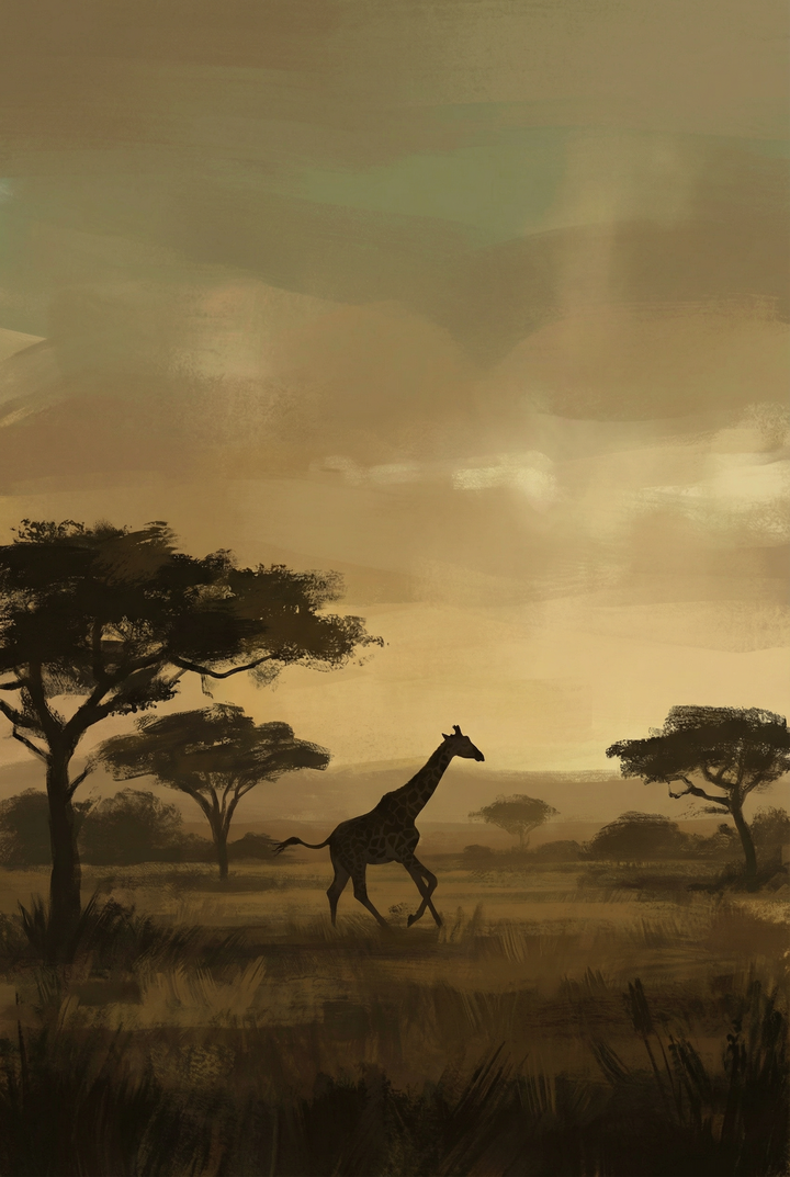 A giraffe walks across the golden plains in this silhouette sunset savanna giraffe wall art with acacia trees.