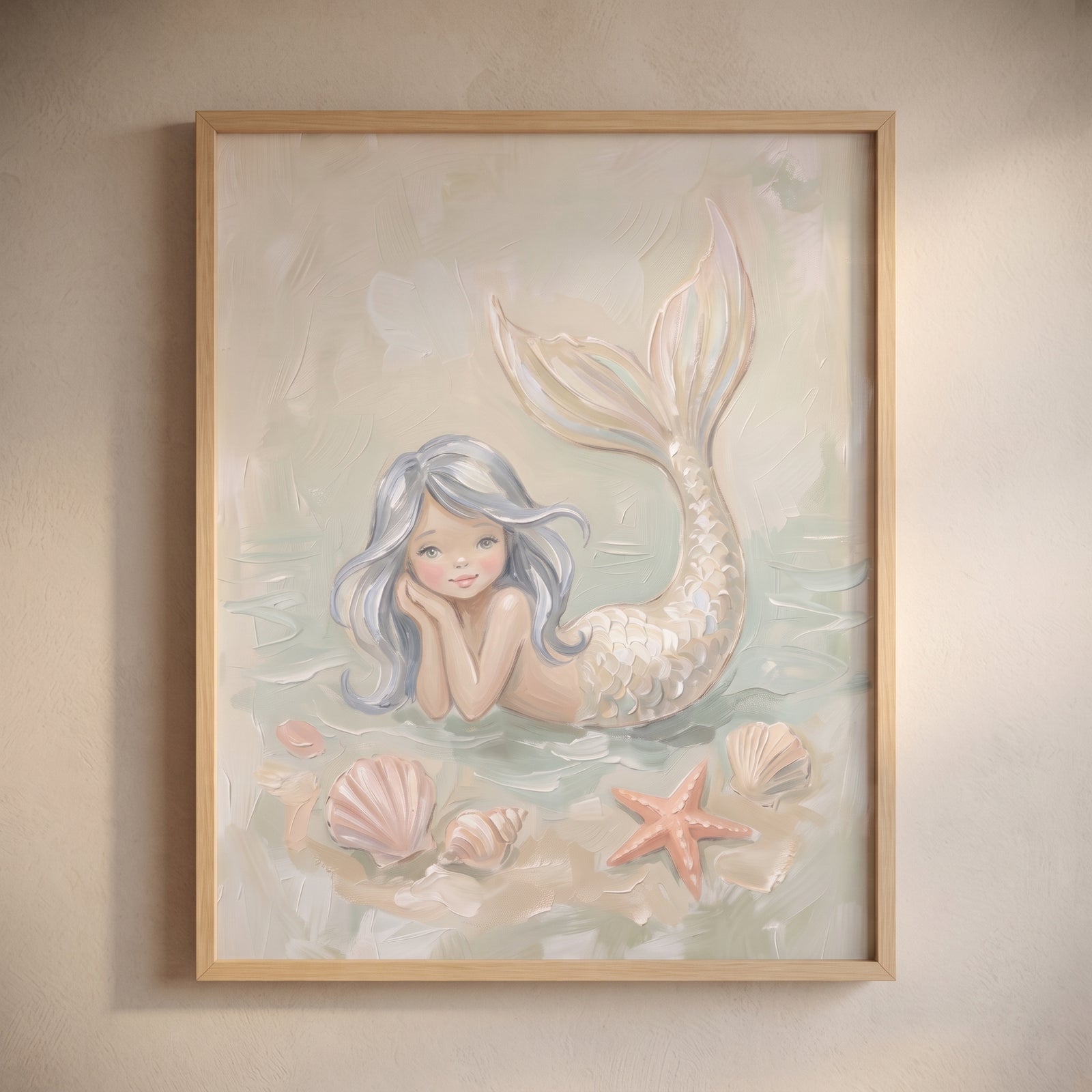 Framed silver hair resting mermaid wall art with seashells and a starfish in soft muted tones.