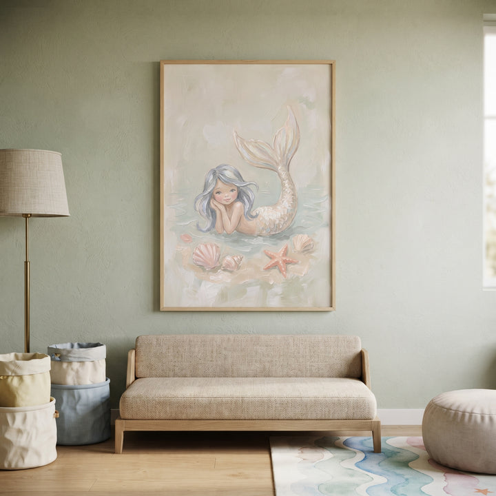 Silver hair resting mermaid wall art hangs above a beige couch in a room with green walls and seaside decor.