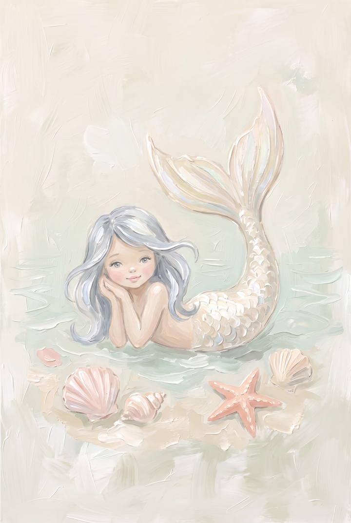 Silver hair resting mermaid wall art shows a smiling mermaid with a shimmering tail near seashells and a starfish.
