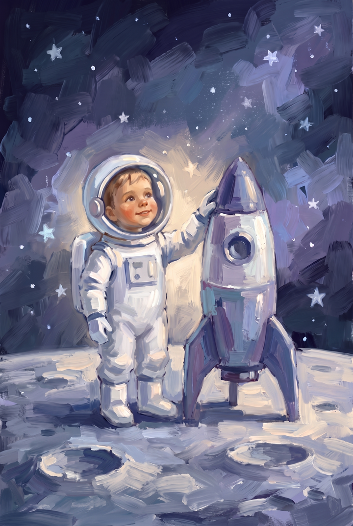 Silver rocket baby astronaut wall art of a smiling child in a spacesuit on a cratered moon under a starry sky.