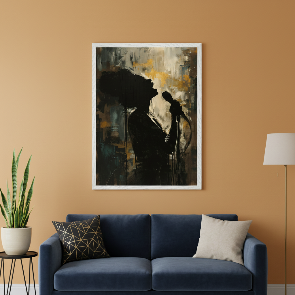 Modern living room with a blue velvet sofa. Framed art depicting a woman's black silhouette singing into a microphone against an abstract background of gold, black, and teal strokes hangs centered above the sofa. A snake plant is on a side table to the left.