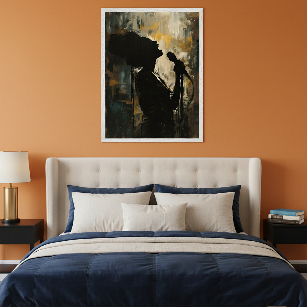 Modern bedroom with a beige tufted bed, navy bedding, and black nightstands against an orange wall. A framed abstract painting of a silhouetted woman singing into a microphone hangs centered above the bed.