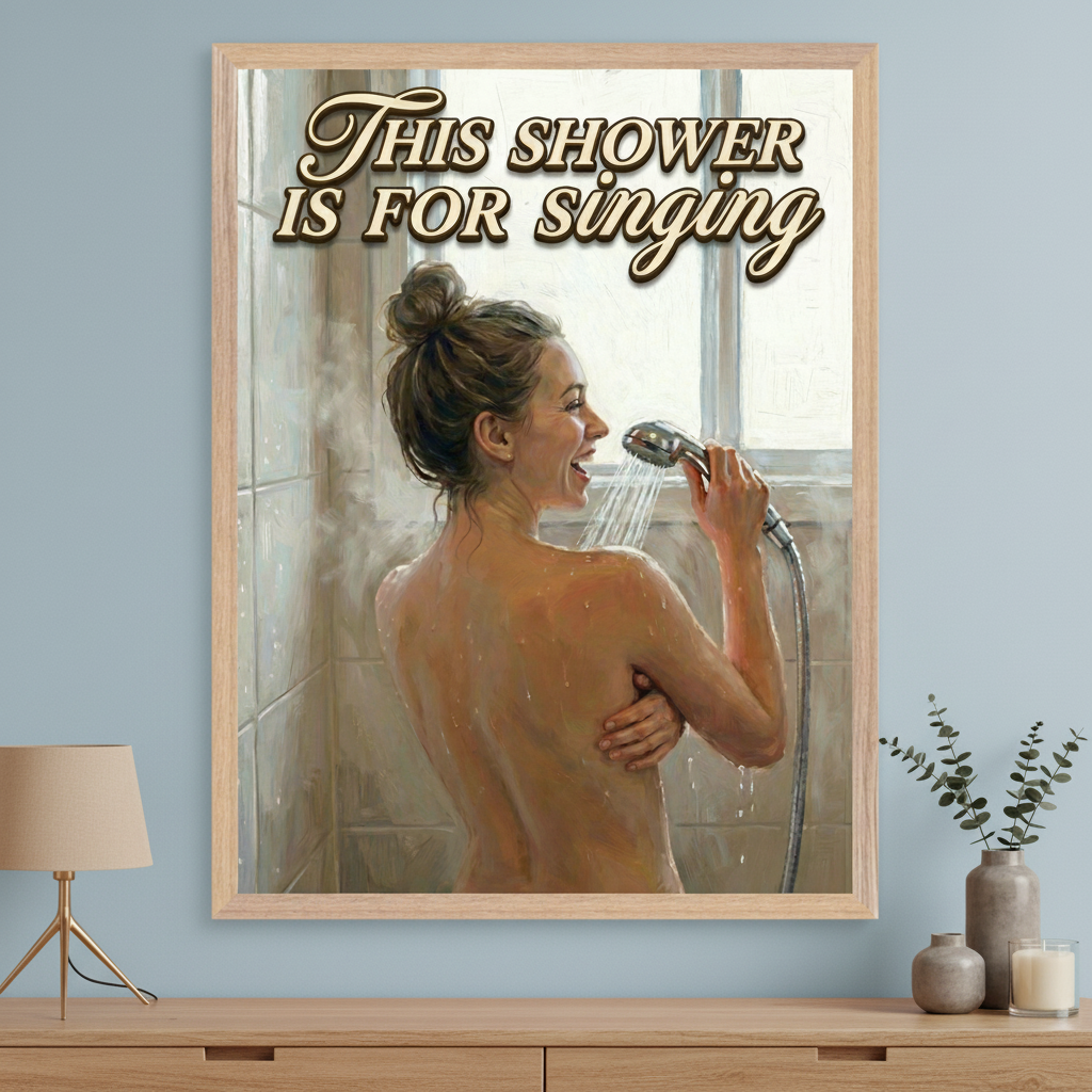 Modern room with a light wood dresser. A large framed painting of a woman singing in a steamy shower, with text "THIS SHOWER IS FOR singing", hangs above the dresser. A lamp and decorative vases are on the dresser.