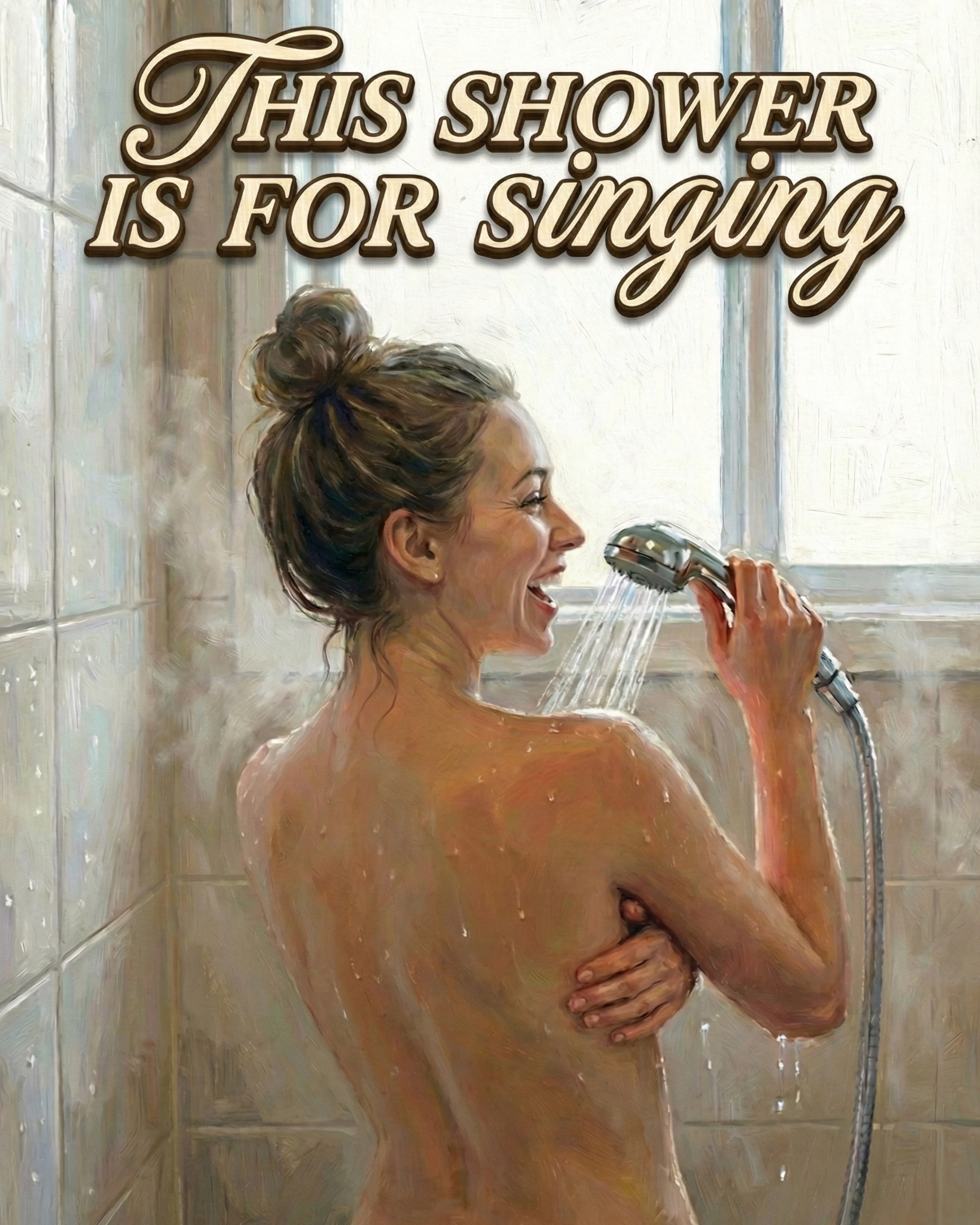  A woman showers joyfully while holding the showerhead like a microphone, smiling and singing beneath the words “This shower is for singing.” The image blends self-care with carefree energy and fun.