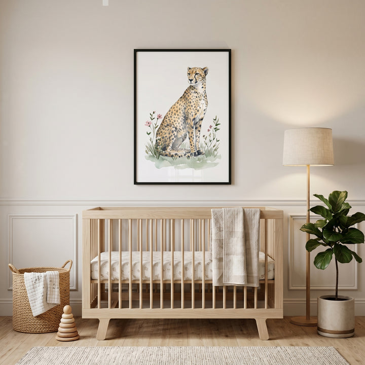 Sitting cheetah wall art above a light wood crib in a neutral nursery with a floor lamp and a leafy green plant.