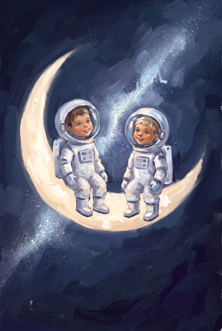 Two young boys in spacesuits smile while sitting on a crescent moon, sitting moon baby astronauts wall art.