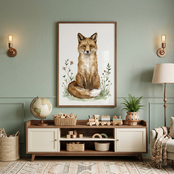 Sitting orange fox wall art hangs between brass sconces over a wooden console with toys and a globe in a green room.