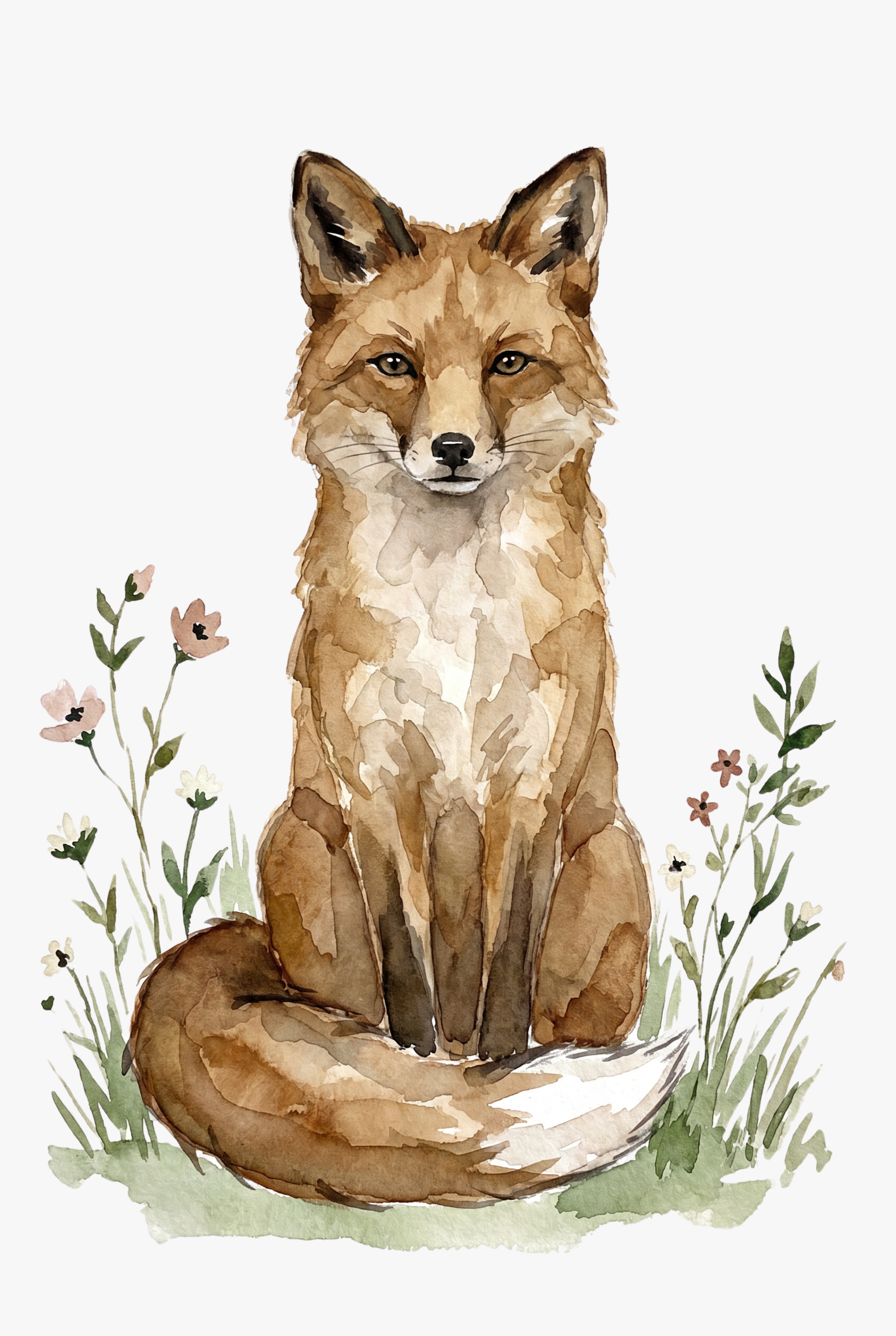 Sitting Orange Fox Wall Art - Watercolor Forest Fox