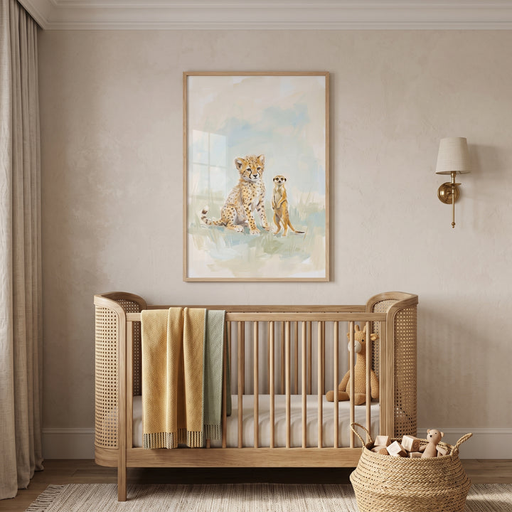 Wooden crib under sitting spotted cheetah meerkat animals wall art in a beige nursery with a basket and wall lamp.