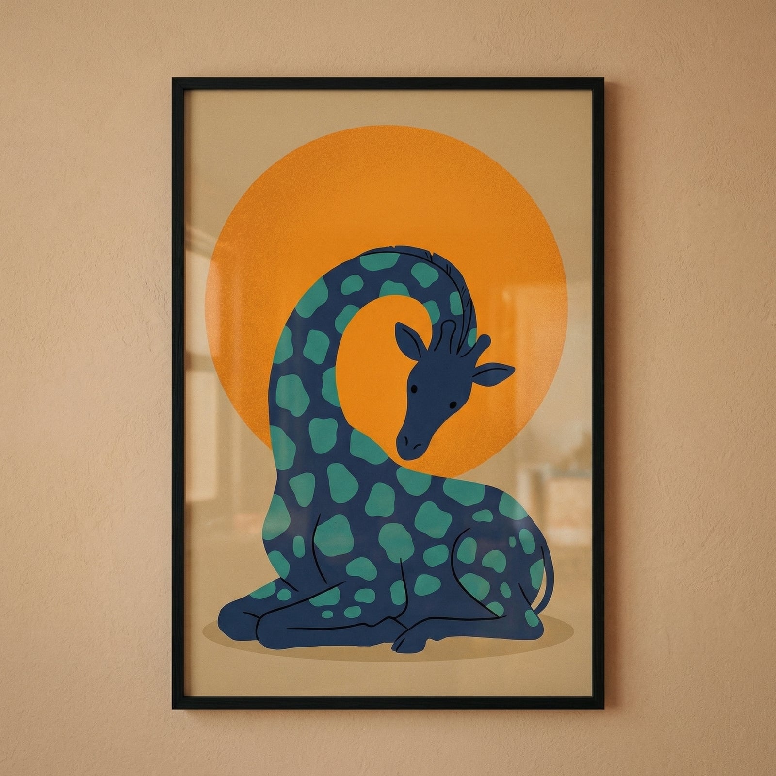 Framed illustration of a curled blue giraffe with green spots resting beneath a large orange sun on a neutral background. The artwork hangs on a wall in a simple black frame, creating a calm and playful nursery decor moment.