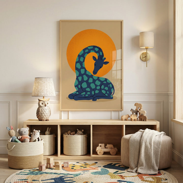 Framed illustration of a curled blue giraffe with green spots beneath a bold orange sun displayed above a wooden toy shelf in a cozy nursery. Woven baskets, plush toys, and soft lighting create a warm and playful child friendly space.
