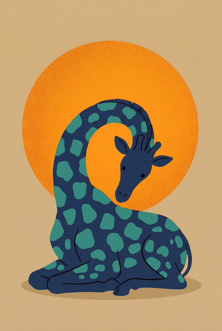 A minimalist illustration of a giraffe resting on the ground. The animal has a dark navy body covered in irregular teal spots. Its long neck curves in a tight arc, bringing its head down to rest near its back. Behind its head, a large, grainy orange circle resembles a setting sun. The background is a flat, solid tan color with a subtle shadow beneath the giraffe. The style is modern and graphic, featuring simplified shapes and a textured finish.