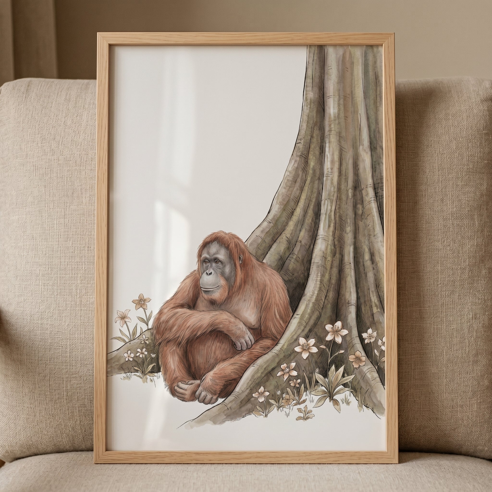 Sitting Tree Root Orangutan Wall Art - Gentle Jungle Ape