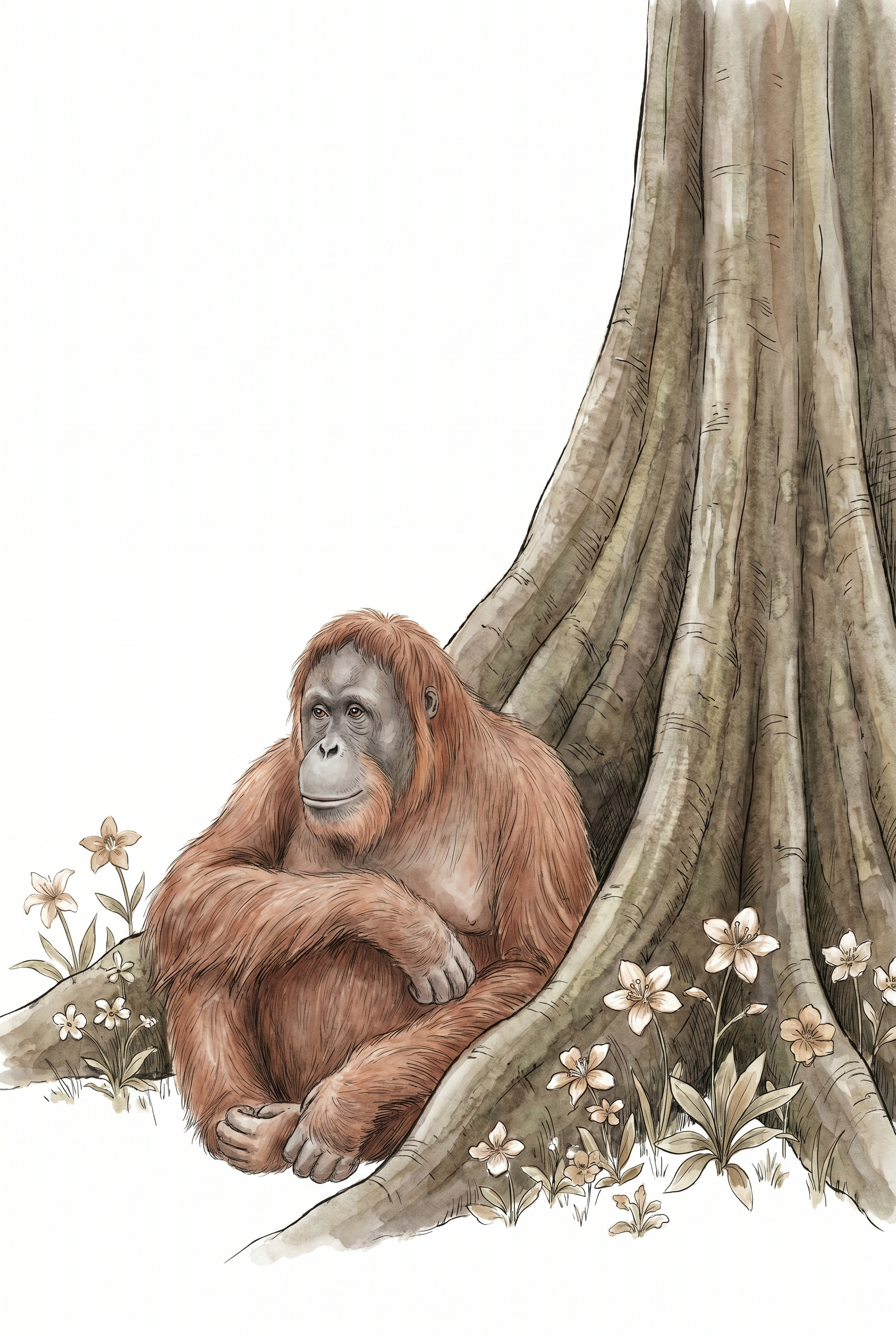 Sitting Tree Root Orangutan Wall Art - Gentle Jungle Ape