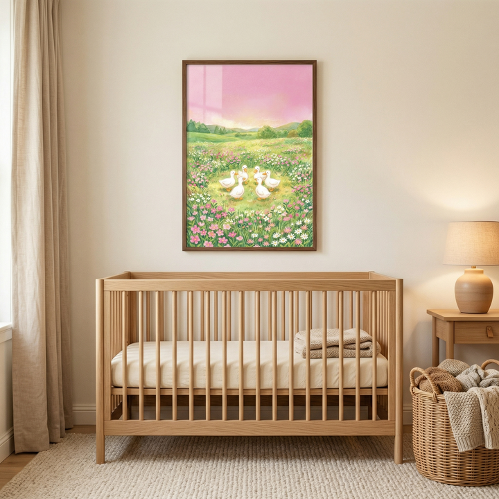 A serene nursery scene features a light wood crib centered against a neutral wall. Above it hangs a rectangular framed illustration of white ducks in a circle within a vibrant meadow of wildflowers under a soft pink sky. To the left, a light-colored curtain drapes gracefully. To the right, a wooden side table holds a simple lamp next to a woven basket filled with cozy blankets. The room is grounded by a textured beige rug, creating a warm and peaceful atmosphere.