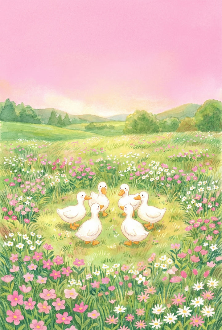 Whimsical wall art print of five white ducklings standing together in a circle in a green meadow filled with pink and white wildflowers. Rolling hills and trees stretch into the distance beneath a soft pink sky that gives the scene a dreamy spring storybook feel.