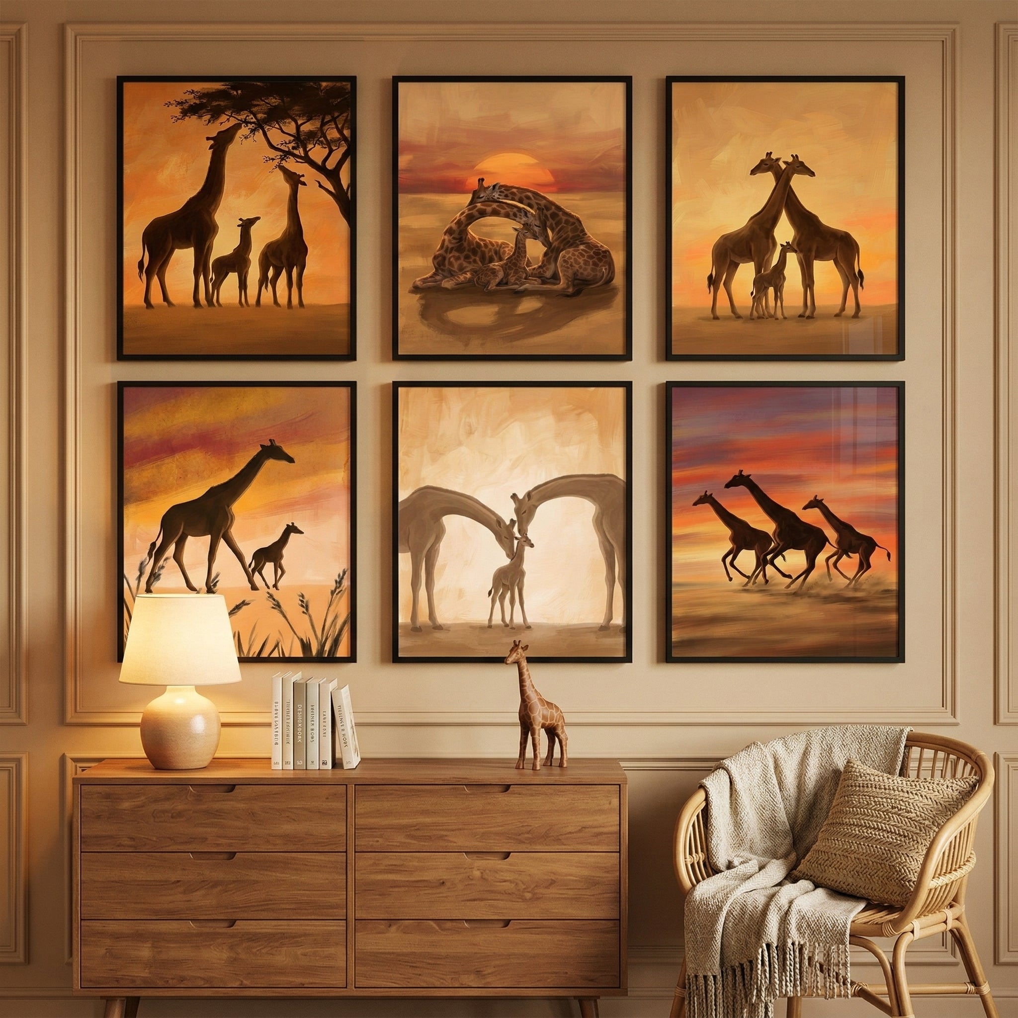 Safari Giraffe Wall Art Set of 6 - Savannah Sunset Family