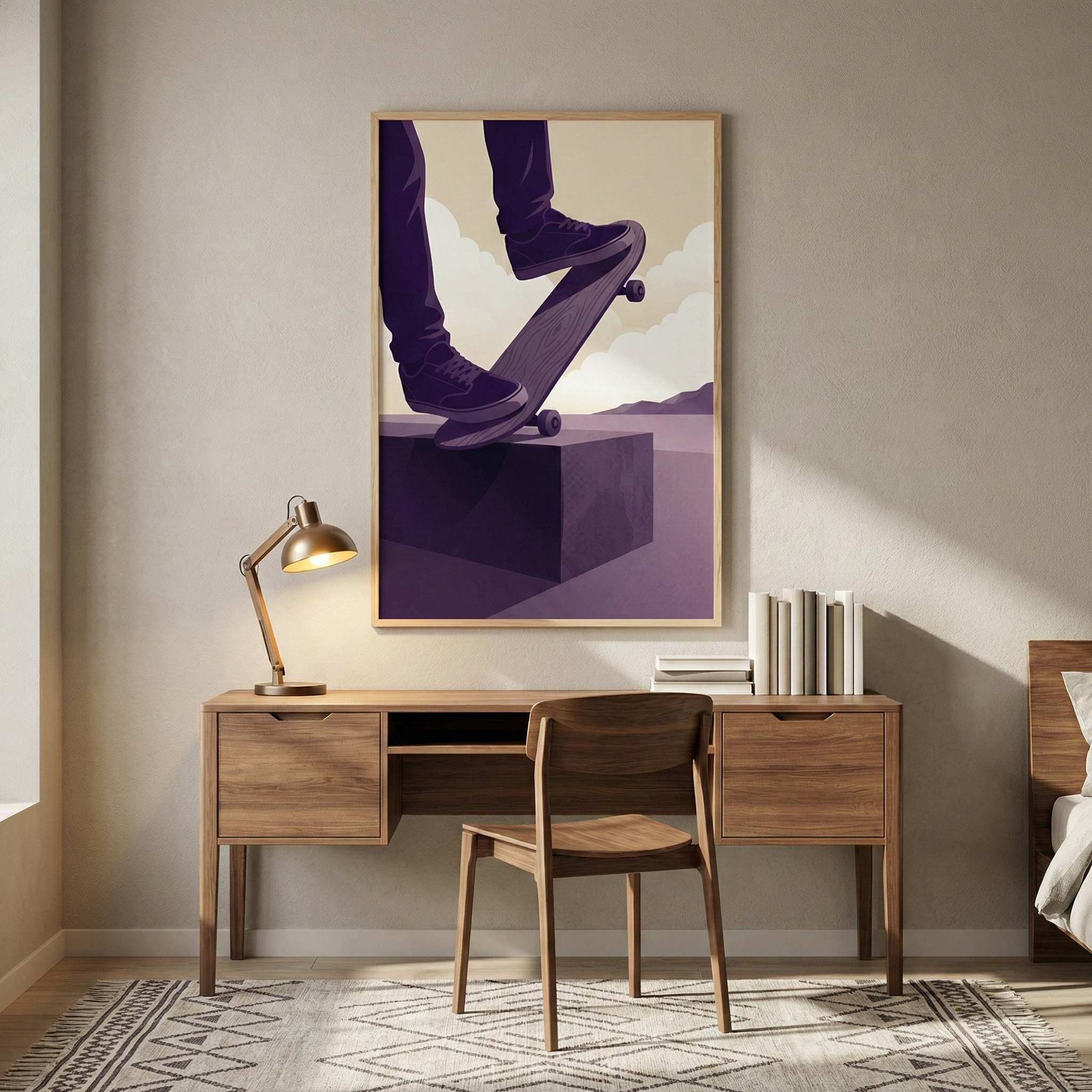 A framed graphic illustration hangs on a neutral beige wall above a wooden desk. The artwork depicts a stylized scene of a person's legs and feet in dark sneakers, maneuvering a skateboard atop a purple rectangular block. The background of the print features a minimalist landscape with layered purple hills against a pale yellow sky with soft white clouds.
