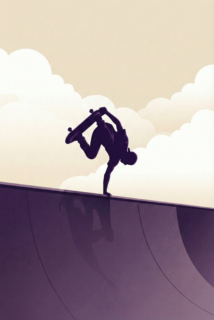 Silhouette-style illustration of a skateboarder performing a one-handed handstand while holding the board on top of a curved ramp, set against a cloudy sky.