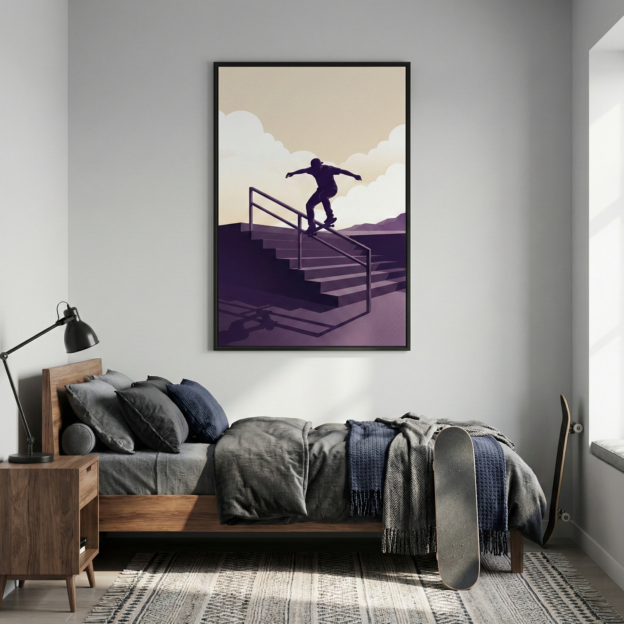 A modern, minimalist bedroom features a large, black-framed poster as a focal point above a wooden platform bed. The artwork shows a silhouette of a person on a skateboard grinding down a handrail over a set of stairs against a sky of cream and pale orange clouds. The bed is styled with grey and navy blue pillows and a textured duvet. A small wooden nightstand with a black lamp sits to the left, while two skateboards lean against the wall by a bright window on the right.