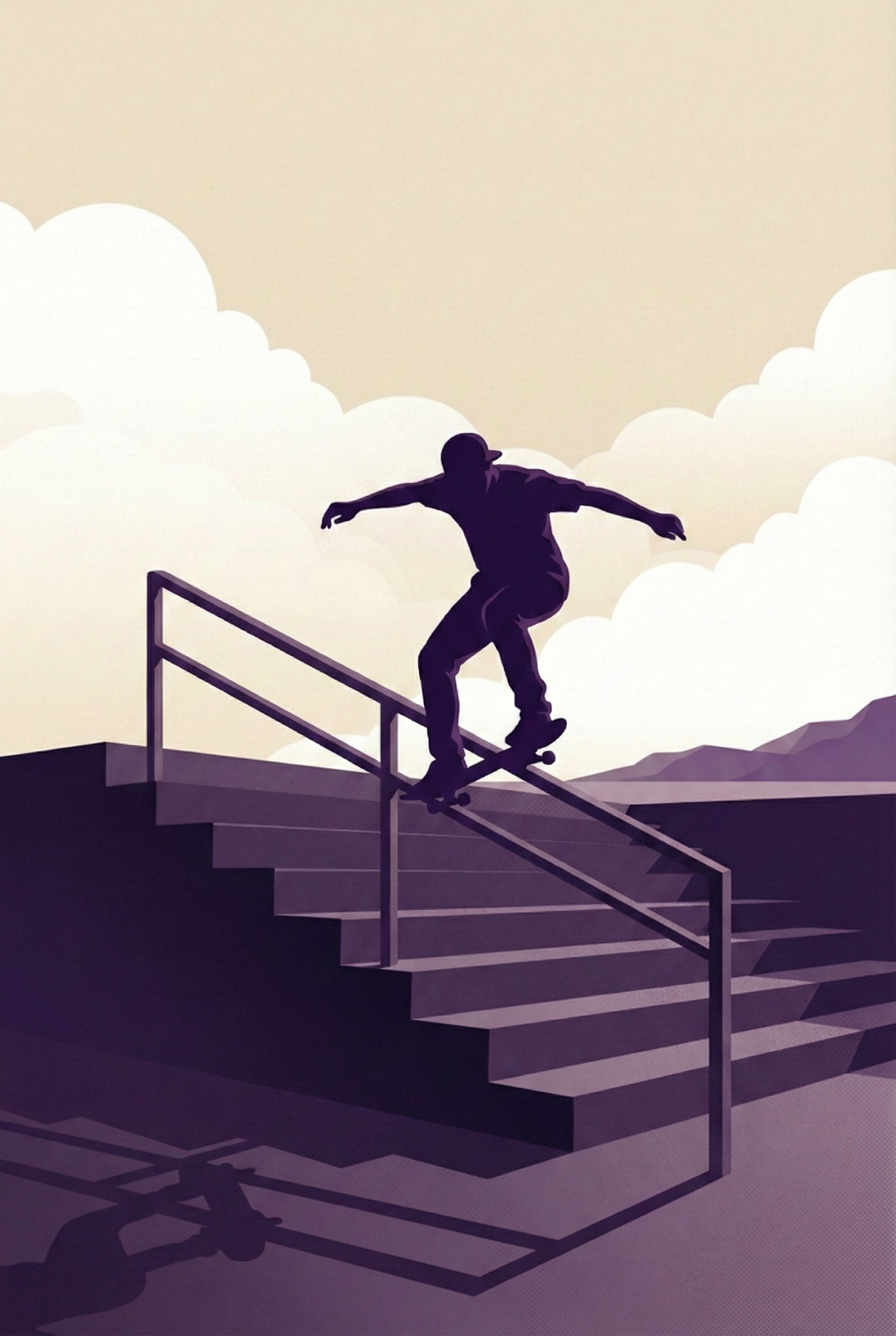 Silhouette-style artwork of a skateboarder performing a grind trick down a long stair rail, with dramatic lighting and clouds in the background.