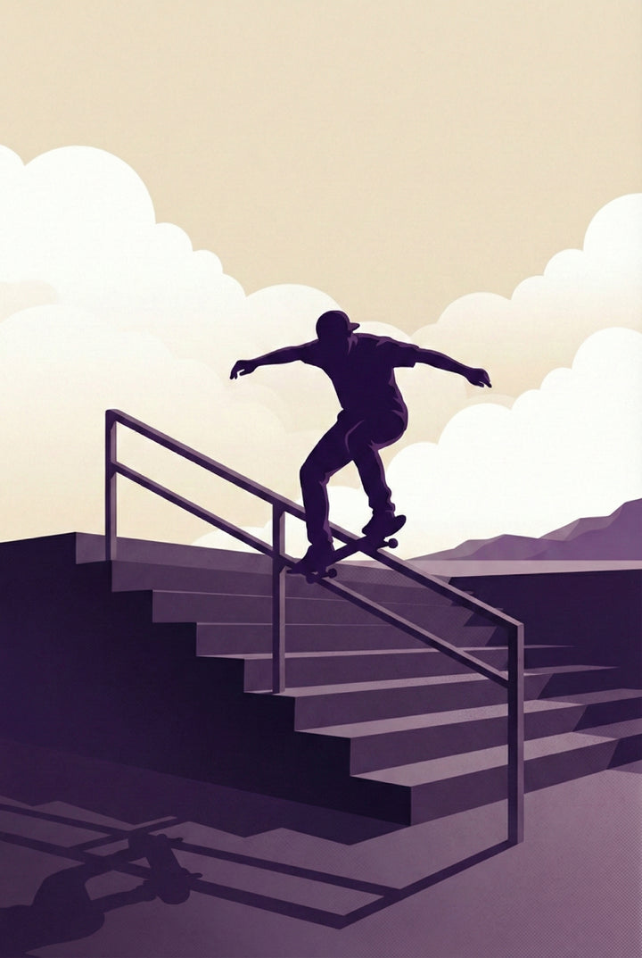Silhouette-style artwork of a skateboarder performing a grind trick down a long stair rail, with dramatic lighting and clouds in the background.