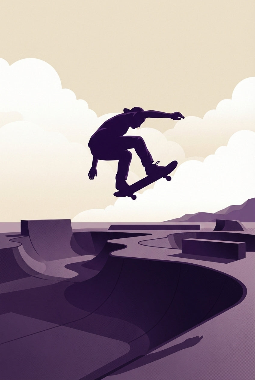 Dynamic artwork of a skateboarder in mid-jump above a sprawling skatepark, with abstract curves and ledges creating visual depth.