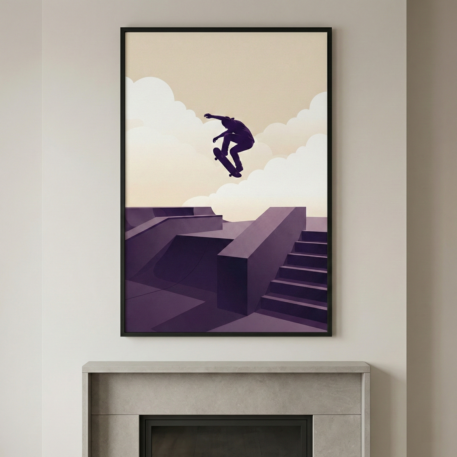 A minimalist framed artwork hangs on a light-colored wall above a modern grey stone fireplace. The vertical illustration depicts the dark silhouette of a skateboarder captured mid-air during a trick. Below the figure, a stylized skatepark is rendered in geometric shapes with various shades of purple, featuring ramps and a set of stairs. The background features soft, rounded white clouds set against a pale, warm beige sky. 