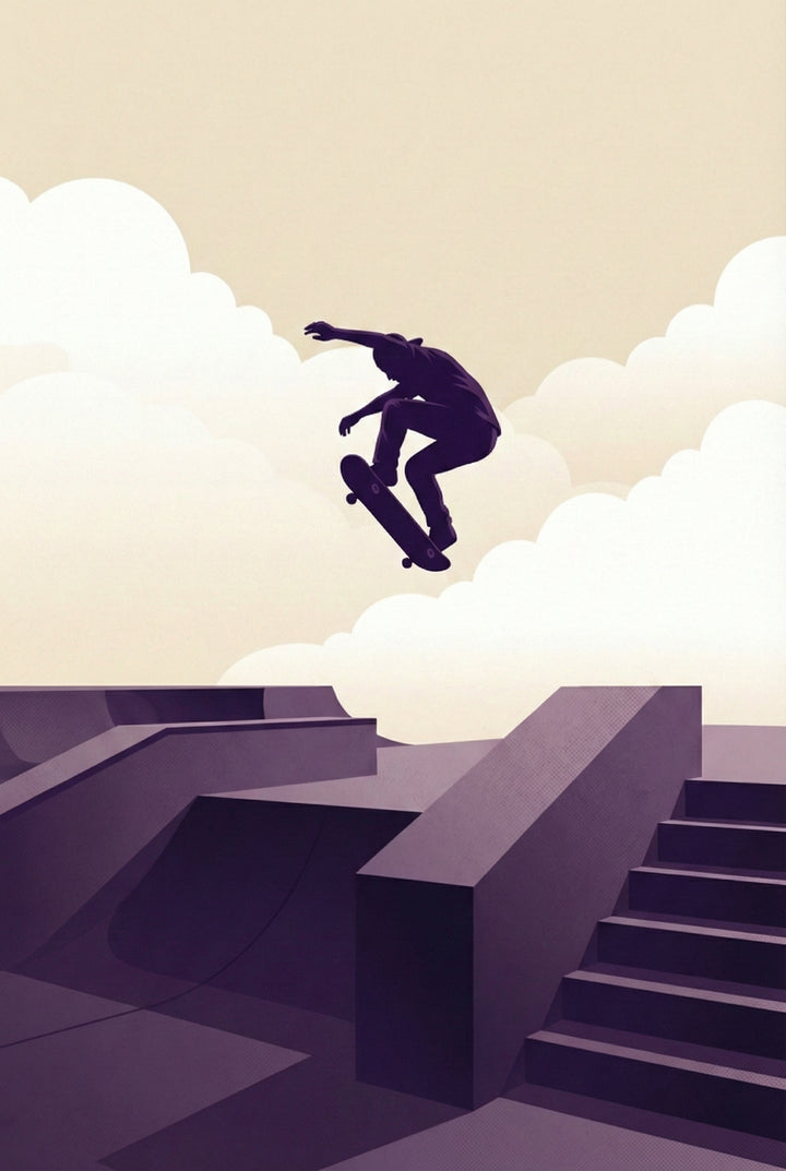 Illustration of a skateboarder leaping off a high ramp over a stair set, with geometric skatepark features in the background and a light sky.