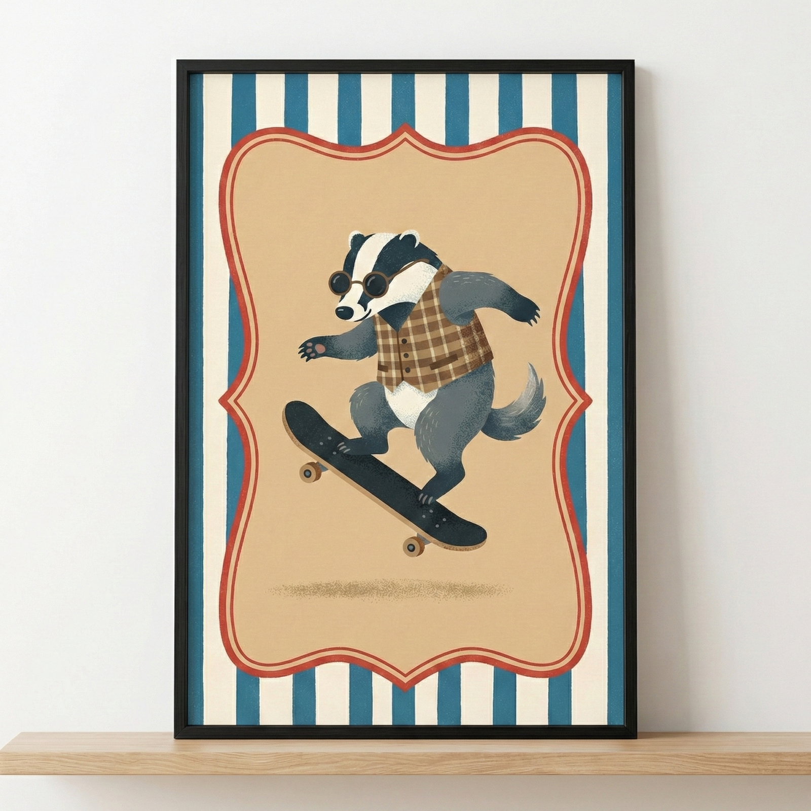 A framed illustration of a badger skateboarding. The badger is depicted wearing round sunglasses and a brown plaid vest, shown mid-air on a black skateboard. The illustration is centered within a decorative scalloped frame against a background of vertical blue and white stripes. The artwork is in a black frame and sits on a light wooden shelf.