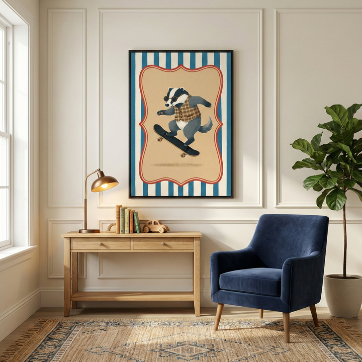 An illustration of a badger wearing sunglasses and a patterned vest while riding a skateboard is framed and mounted on a white wall with decorative molding. Below the artwork is a light wood console table with two drawers, holding a brass-colored lamp, a small stack of books, and a wooden toy car. A navy blue velvet armchair sits to the right of the table, and a tall potted plant stands in the corner. The scene is set on a patterned rug in a bright room.