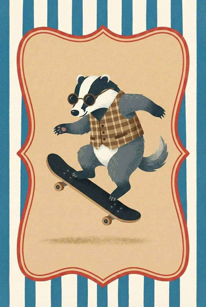 A gray and white badger in a brown plaid vest and round sunglasses performs a trick on a black skateboard, centered in a beige and blue striped frame.
