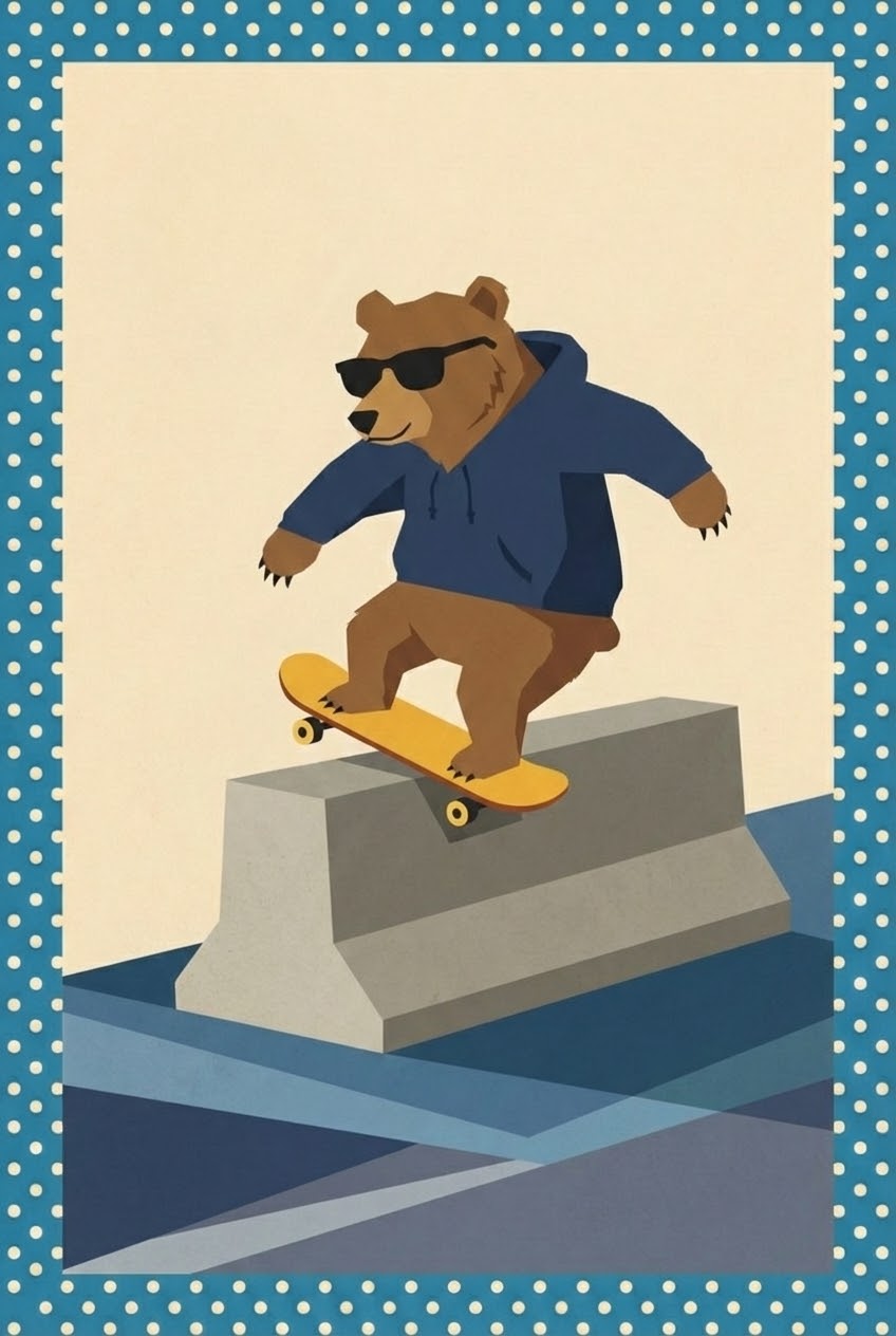  A cartoon bear dressed in a blue hoodie and shades skateboards down a concrete ledge, mid-trick, with a confident stance.
