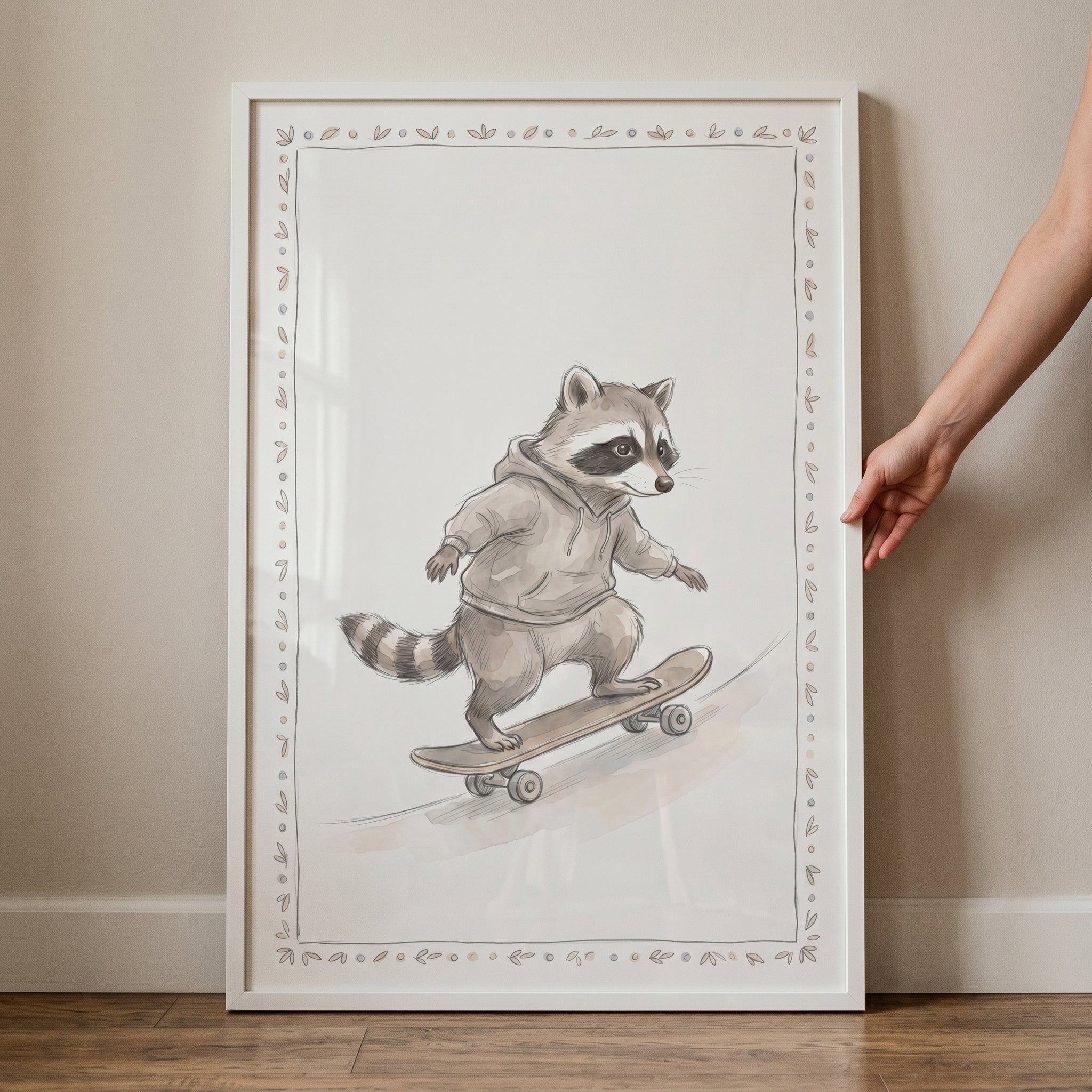 Skateboarding Grey Hoodie Raccoon Wall Art - Skater Raccoon Sketch